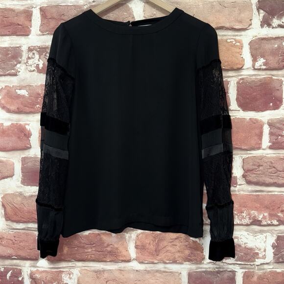 Ann Taylor Loft Top Womens XS Black Velvet Velour Mixed Media Sheer Lace Sleeves - Picture 6 of 8